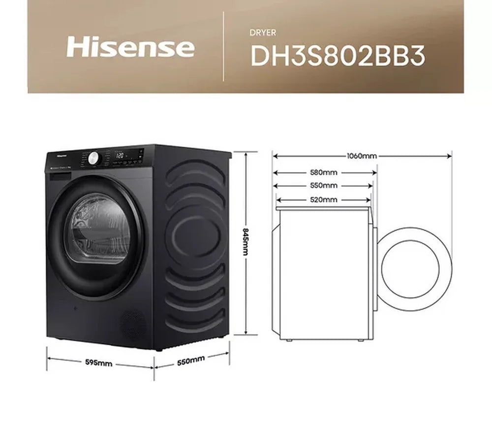 Hisense 3S Series DH3S802BB3 WiFi-enabled 8kg Heat Pump Tumble Dryer Black - A+++ Rated