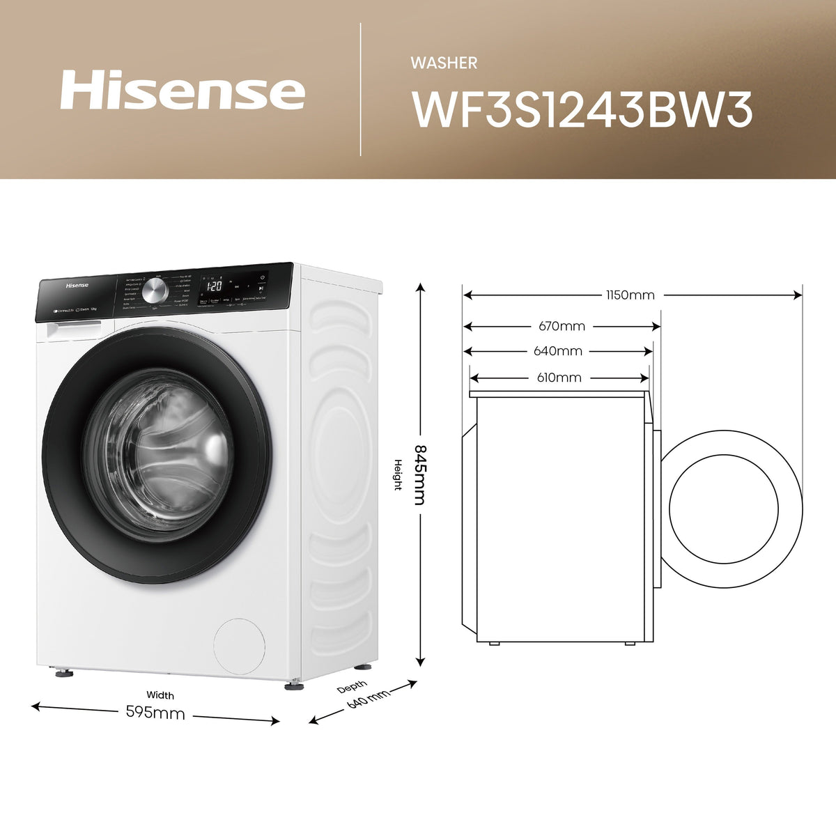 Hisense 3S Series WF3S1243BW3 WiFi-enabled 12kg 1400 Spin Washing Machine White - A Rated